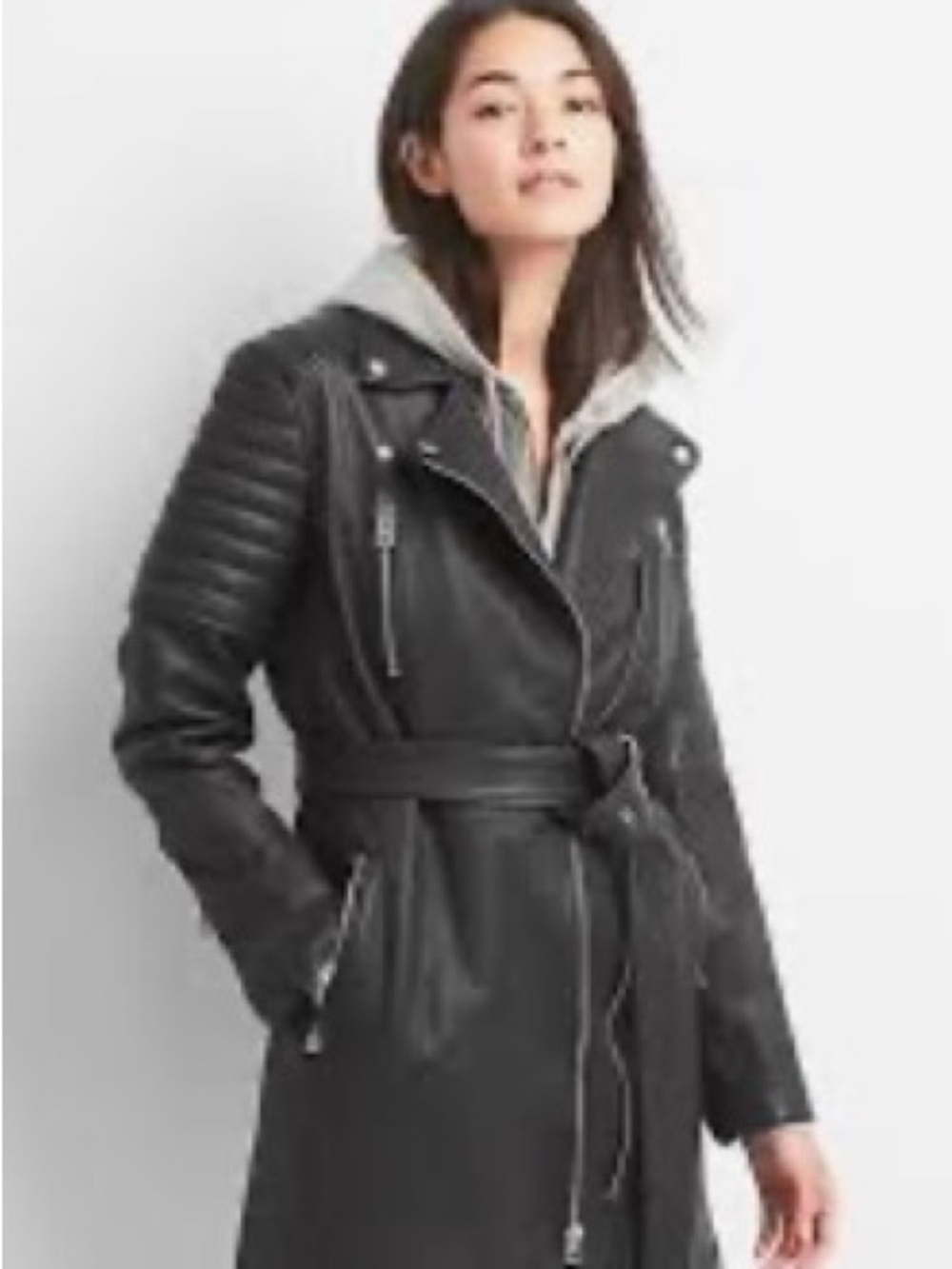GAP Black Genuine Leather Belted Moto Trench